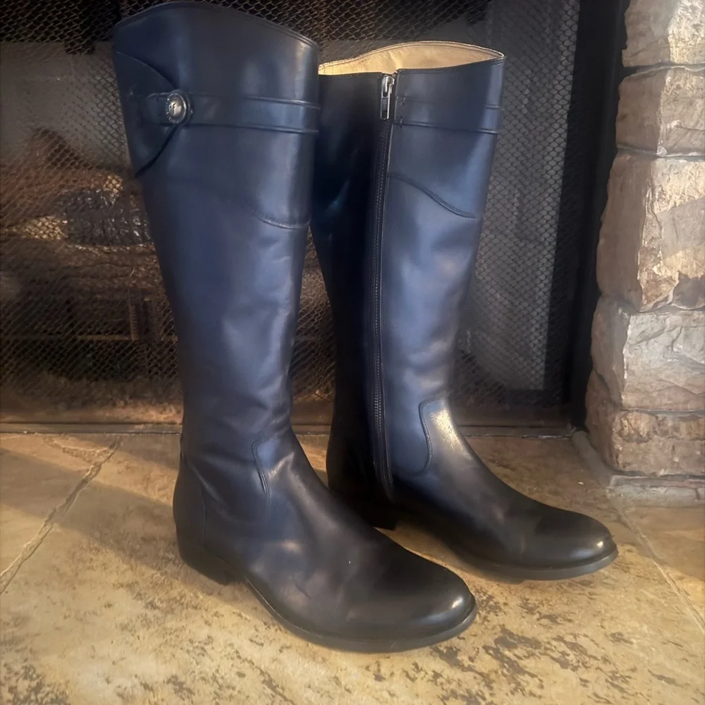 FRYE Molly Button Black Leather Equestrian Tall Knee High Zip Up Boot